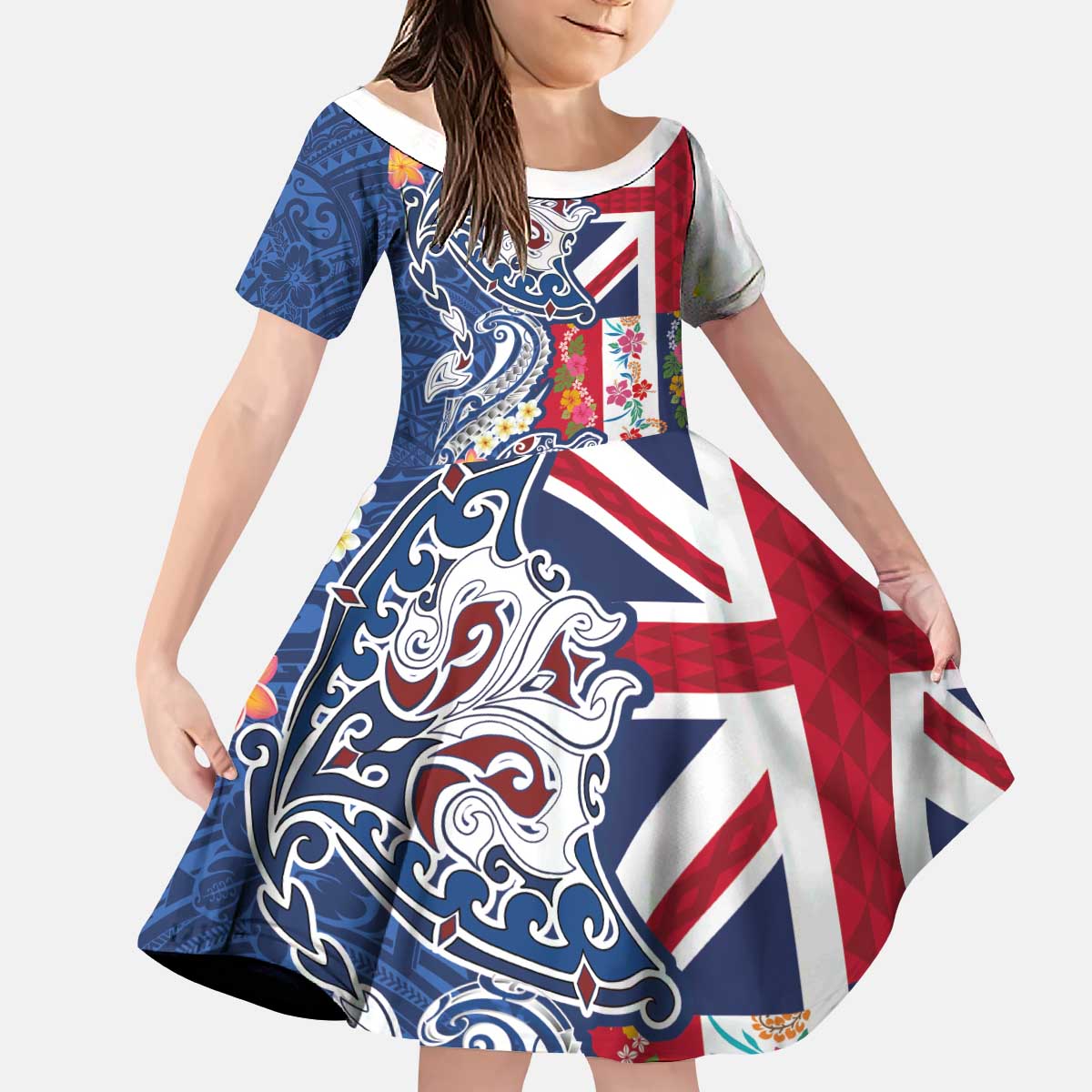 Hawaiian Manta Ray and Turtle Tribal Tattoo Kid Short Sleeve Dress With Hawaii Flag and Flowers
