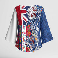 Hawaiian Manta Ray and Turtle Tribal Tattoo Kimono Sleeve Blouse With Hawaii Flag and Flowers