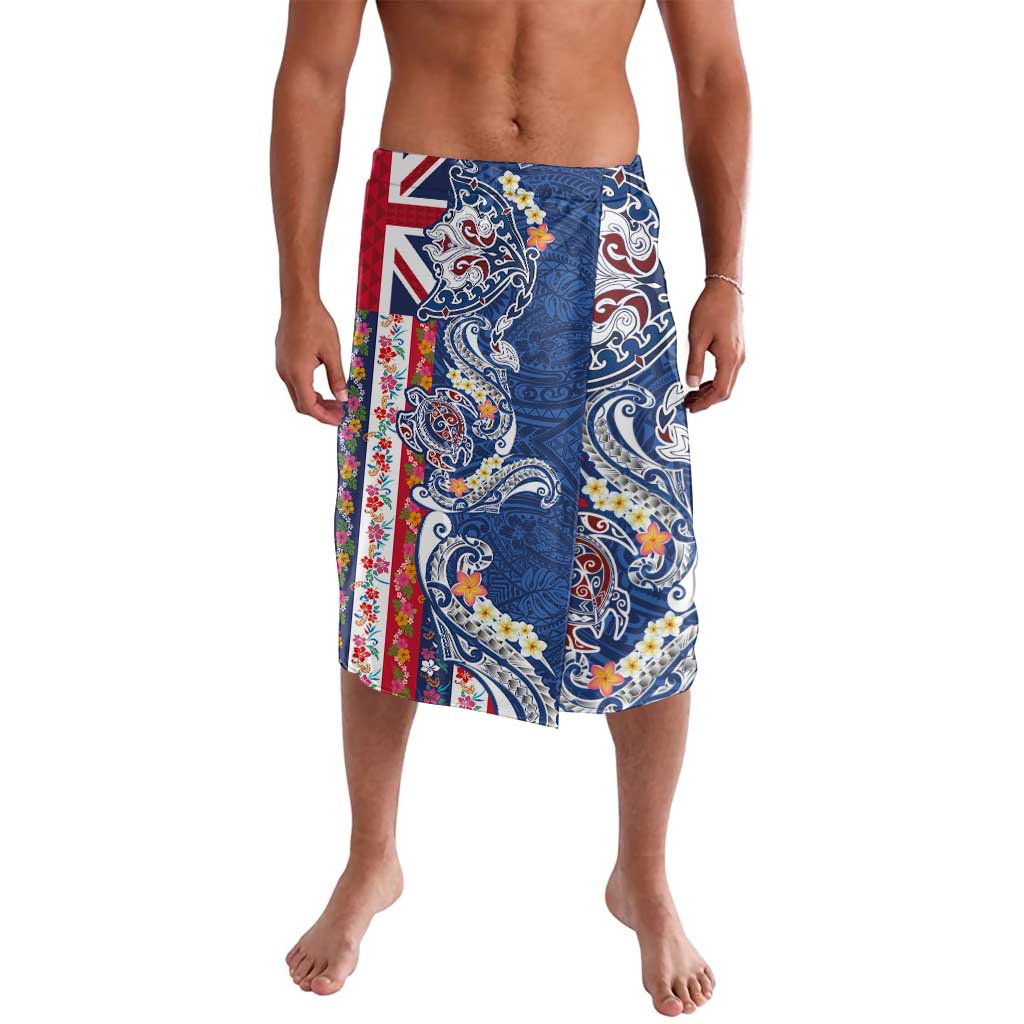 Hawaiian Manta Ray and Turtle Tribal Tattoo Lavalava With Hawaii Flag and Flowers LT03 Multicolor - Polynesian Pride