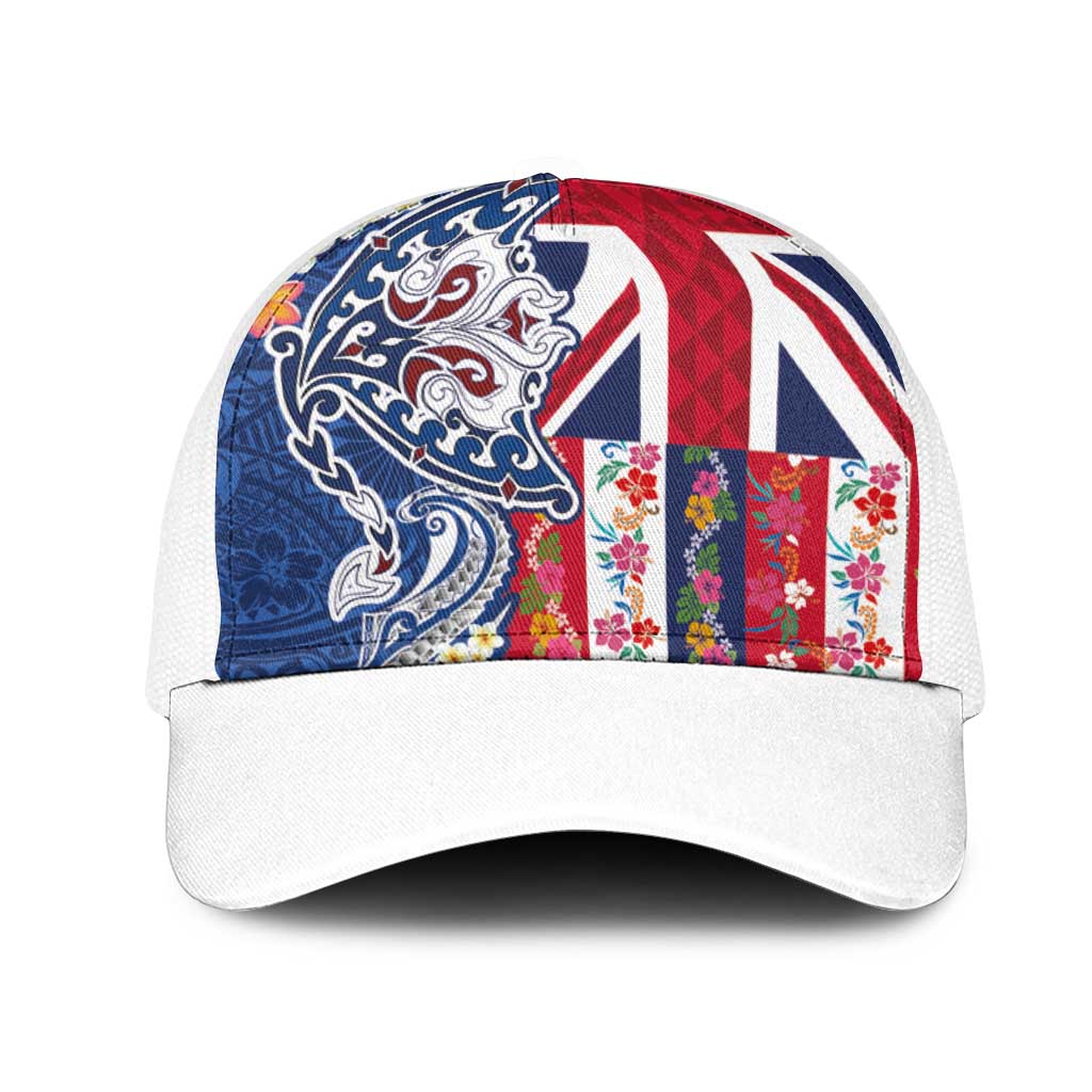 Hawaiian Manta Ray Mesh Trucker Cap with Hawaii Flag and Flowers LT03 One Size White Multicolor - Polynesian Pride