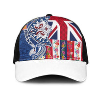 Hawaiian Manta Ray Mesh Trucker Cap with Hawaii Flag and Flowers LT03 One Size Black Multicolor - Polynesian Pride