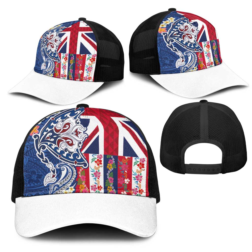 Hawaiian Manta Ray Mesh Trucker Cap with Hawaii Flag and Flowers LT03 - Polynesian Pride