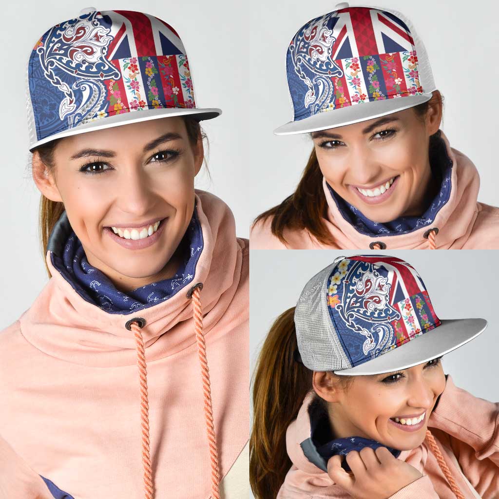 Hawaiian Manta Ray Mesh Trucker Cap with Hawaii Flag and Flowers LT03 - Polynesian Pride