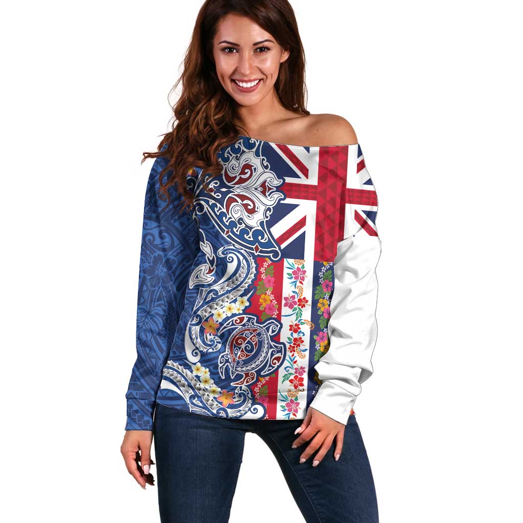 Hawaiian Manta Ray and Turtle Tribal Tattoo Off Shoulder Sweater With Hawaii Flag and Flowers LT03 Women Multicolor - Polynesian Pride