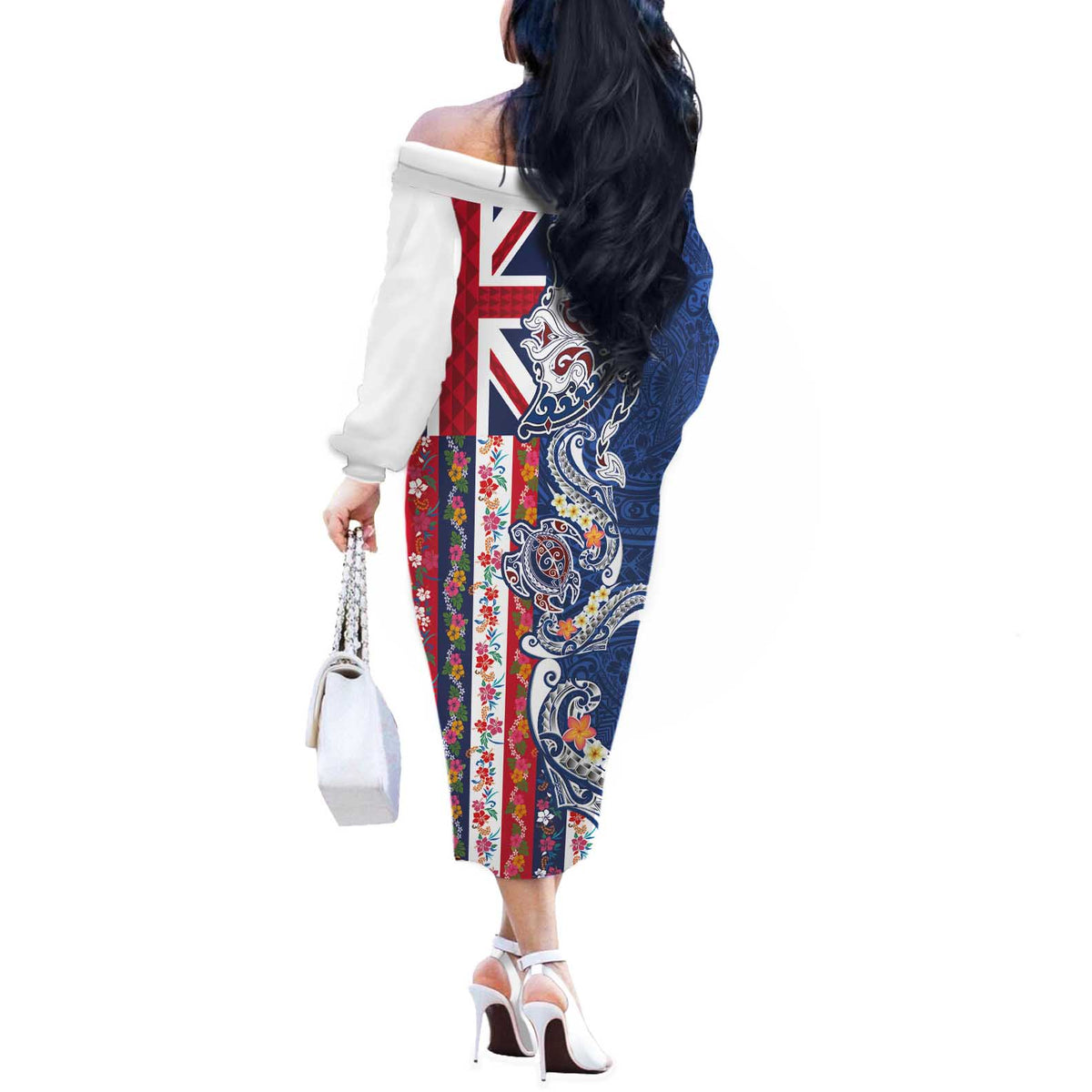Hawaiian Manta Ray and Turtle Tribal Tattoo Off The Shoulder Long Sleeve Dress With Hawaii Flag and Flowers