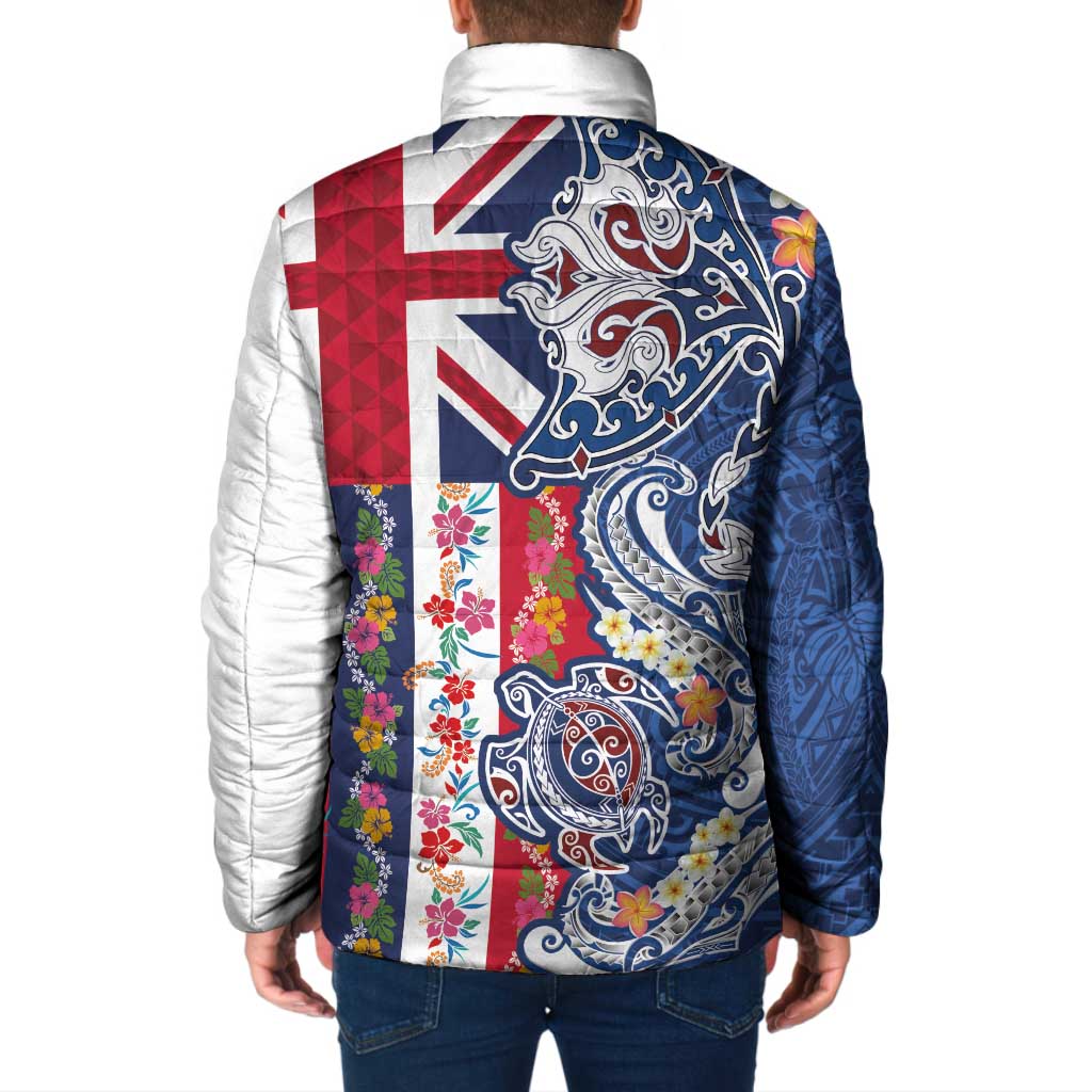 Hawaiian Manta Ray and Turtle Tribal Tattoo Padded Jacket With Hawaii Flag and Flowers LT03 - Polynesian Pride