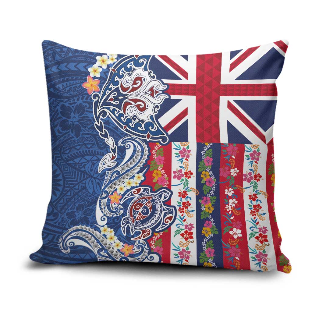 Hawaiian Manta Ray and Turtle Tribal Tattoo Pillow Cover With Hawaii Flag and Flowers LT03 Multicolor - Polynesian Pride