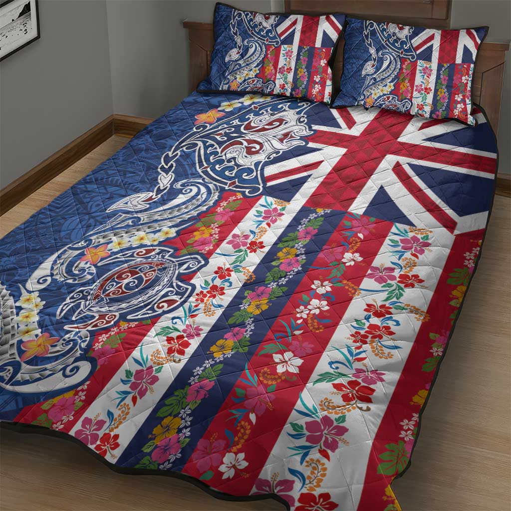 Hawaiian Manta Ray and Turtle Tribal Tattoo Quilt Bed Set With Hawaii Flag and Flowers LT03 - Polynesian Pride