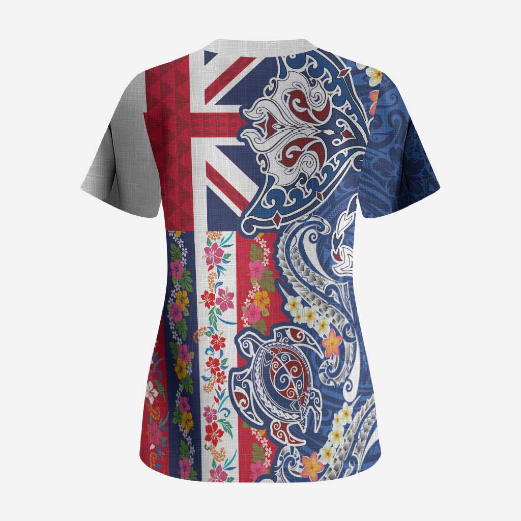 Hawaiian Manta Ray and Turtle Tribal Tattoo Scrub Top With Hawaii Flag and Flowers LT03 - Polynesian Pride