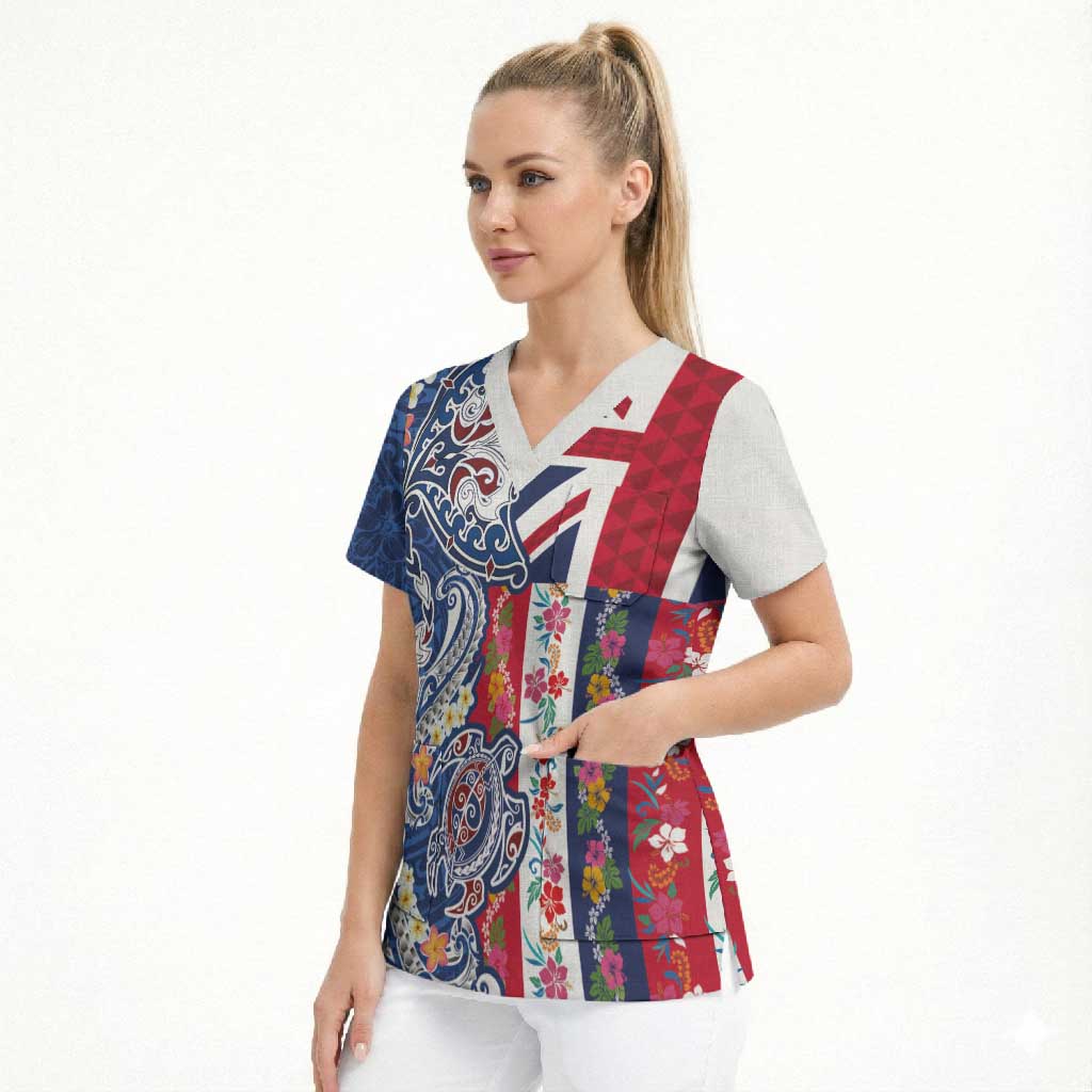 Hawaiian Manta Ray and Turtle Tribal Tattoo Scrub Top With Hawaii Flag and Flowers LT03 - Polynesian Pride
