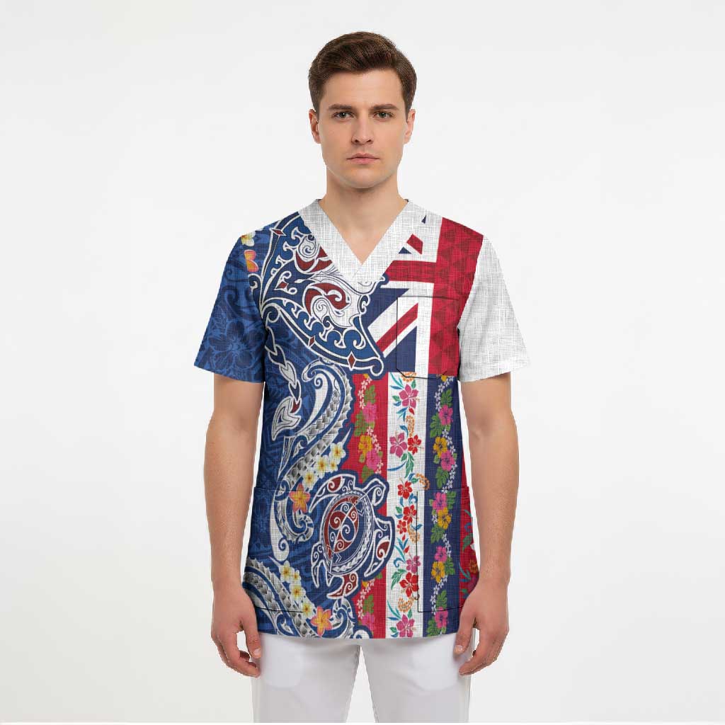 Hawaiian Manta Ray and Turtle Tribal Tattoo Scrub Top With Hawaii Flag and Flowers LT03 - Polynesian Pride