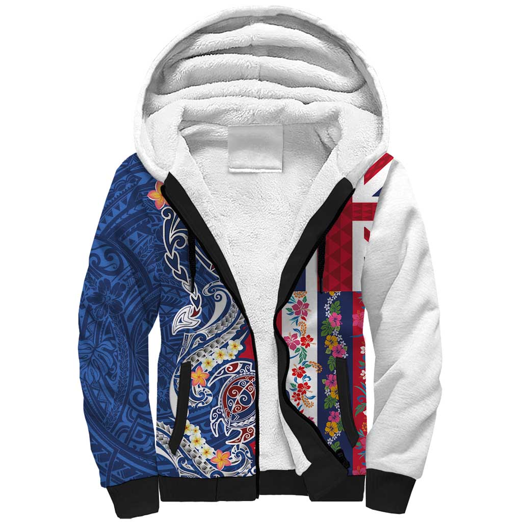 Hawaiian Manta Ray and Turtle Tribal Tattoo Sherpa Hoodie With Hawaii Flag and Flowers LT03 Unisex Multicolor - Polynesian Pride