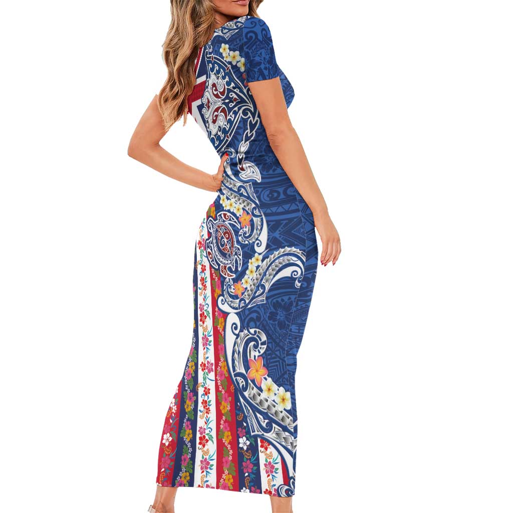 Hawaiian Manta Ray and Turtle Tribal Tattoo Short Sleeve Bodycon Dress With Hawaii Flag and Flowers