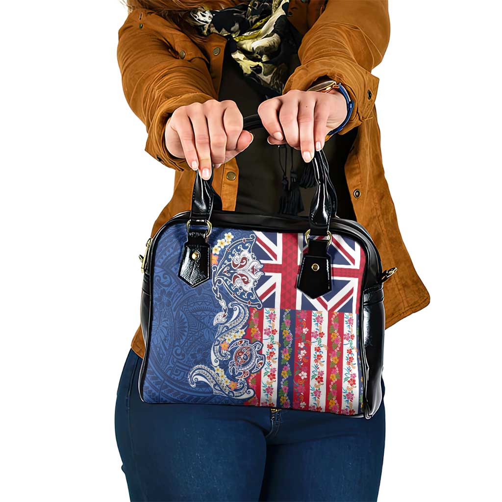 Hawaiian Manta Ray and Turtle Tribal Tattoo Shoulder Handbag With Hawaii Flag and Flowers