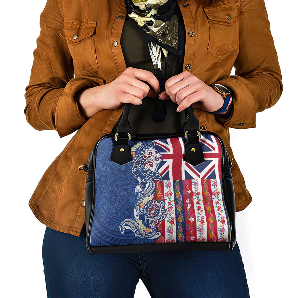 Hawaiian Manta Ray and Turtle Tribal Tattoo Shoulder Handbag With Hawaii Flag and Flowers