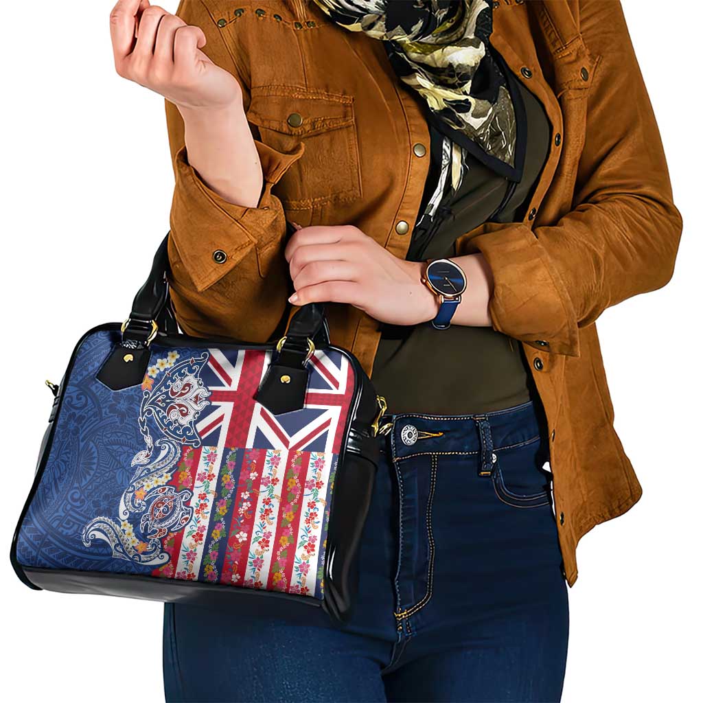 Hawaiian Manta Ray and Turtle Tribal Tattoo Shoulder Handbag With Hawaii Flag and Flowers