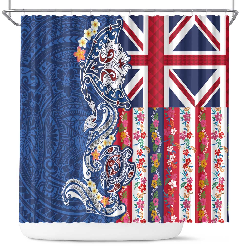 Hawaiian Manta Ray and Turtle Tribal Tattoo Shower Curtain With Hawaii Flag and Flowers