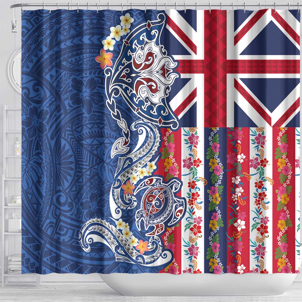 Hawaiian Manta Ray and Turtle Tribal Tattoo Shower Curtain With Hawaii Flag and Flowers