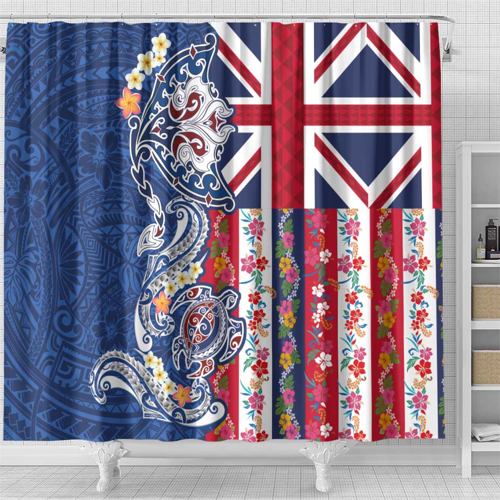 Hawaiian Manta Ray and Turtle Tribal Tattoo Shower Curtain With Hawaii Flag and Flowers