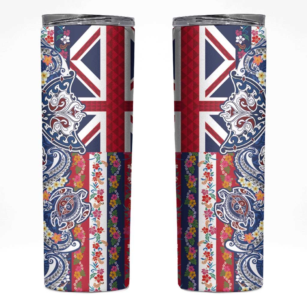 Hawaiian Manta Ray and Turtle Tribal Tattoo Skinny Tumbler With Hawaii Flag and Flowers LT03 Multicolor - Polynesian Pride