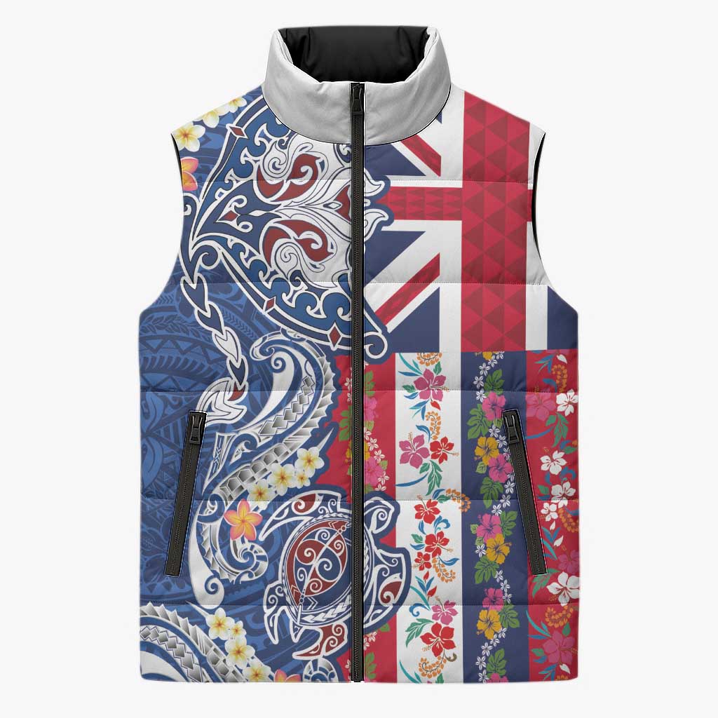 Hawaiian Manta Ray and Turtle Tribal Tattoo Sleeveless Puffer Jacket With Hawaii Flag and Flowers LT03 Unisex Multicolor - Polynesian Pride