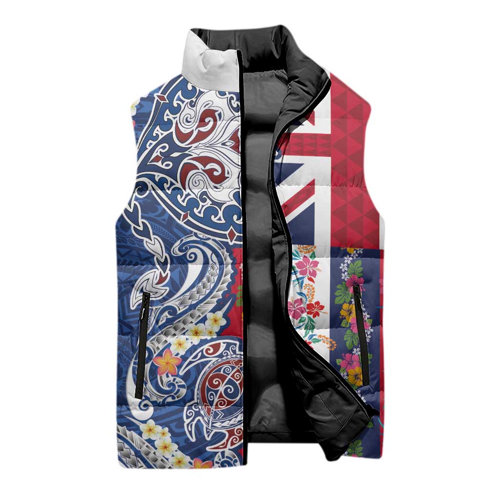 Hawaiian Manta Ray and Turtle Tribal Tattoo Sleeveless Puffer Jacket With Hawaii Flag and Flowers LT03 - Polynesian Pride