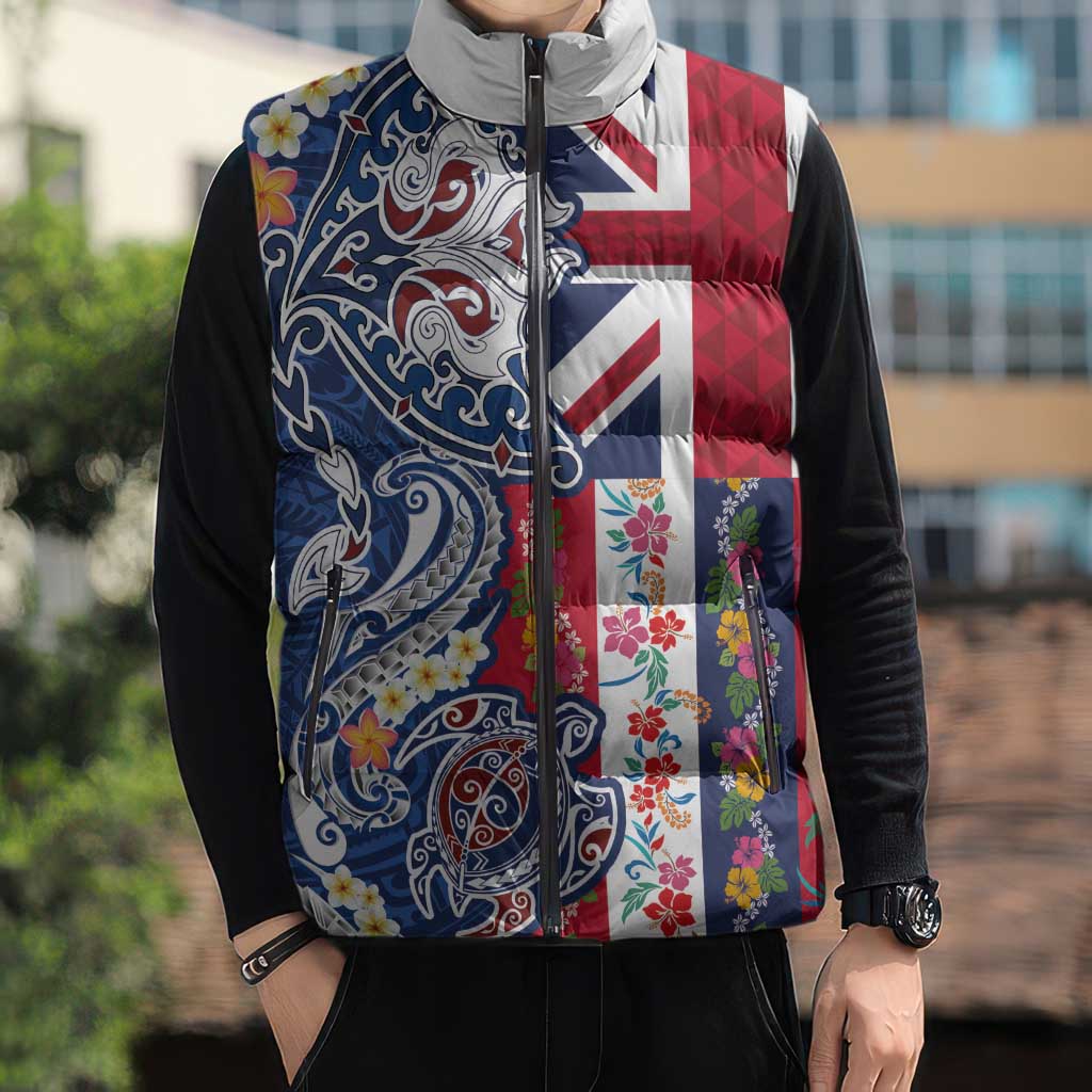 Hawaiian Manta Ray and Turtle Tribal Tattoo Sleeveless Puffer Jacket With Hawaii Flag and Flowers LT03 - Polynesian Pride