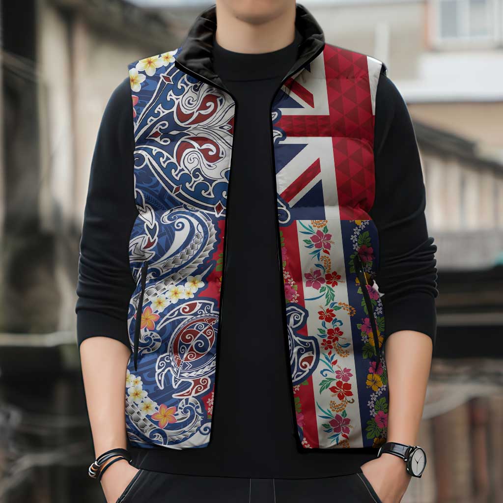 Hawaiian Manta Ray and Turtle Tribal Tattoo Sleeveless Puffer Jacket With Hawaii Flag and Flowers LT03 - Polynesian Pride