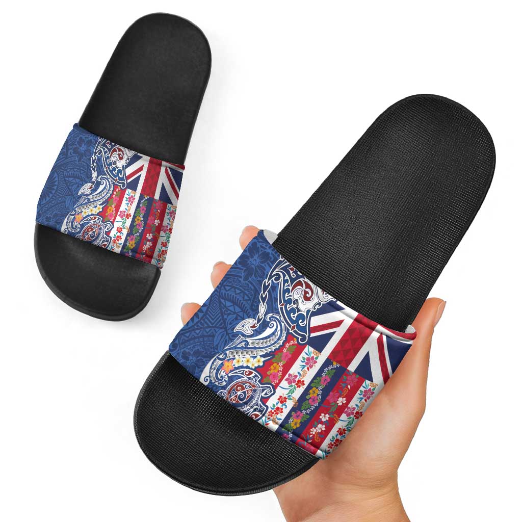 Hawaiian Manta Ray and Turtle Tribal Tattoo Slide Sandals With Hawaii Flag and Flowers LT03 - Polynesian Pride
