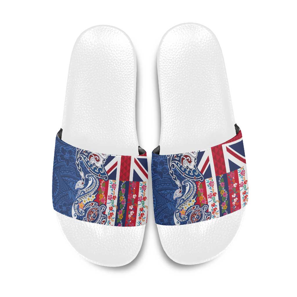 Hawaiian Manta Ray and Turtle Tribal Tattoo Slide Sandals With Hawaii Flag and Flowers LT03 Multicolor - Polynesian Pride