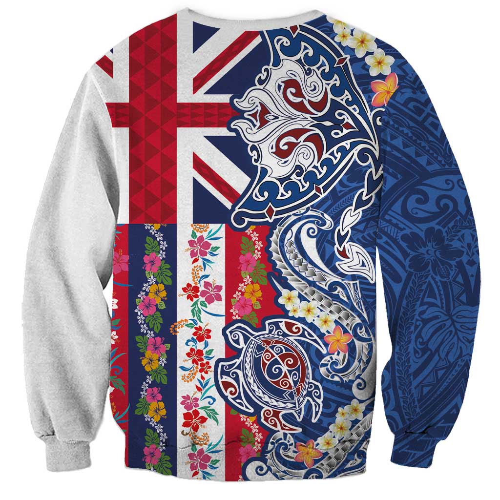 Hawaiian Manta Ray and Turtle Tribal Tattoo Sweatshirt With Hawaii Flag and Flowers LT03 - Polynesian Pride