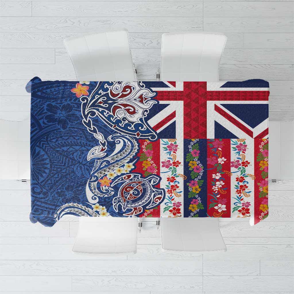 Hawaiian Manta Ray and Turtle Tribal Tattoo Tablecloth With Hawaii Flag and Flowers LT03 Multicolor - Polynesian Pride