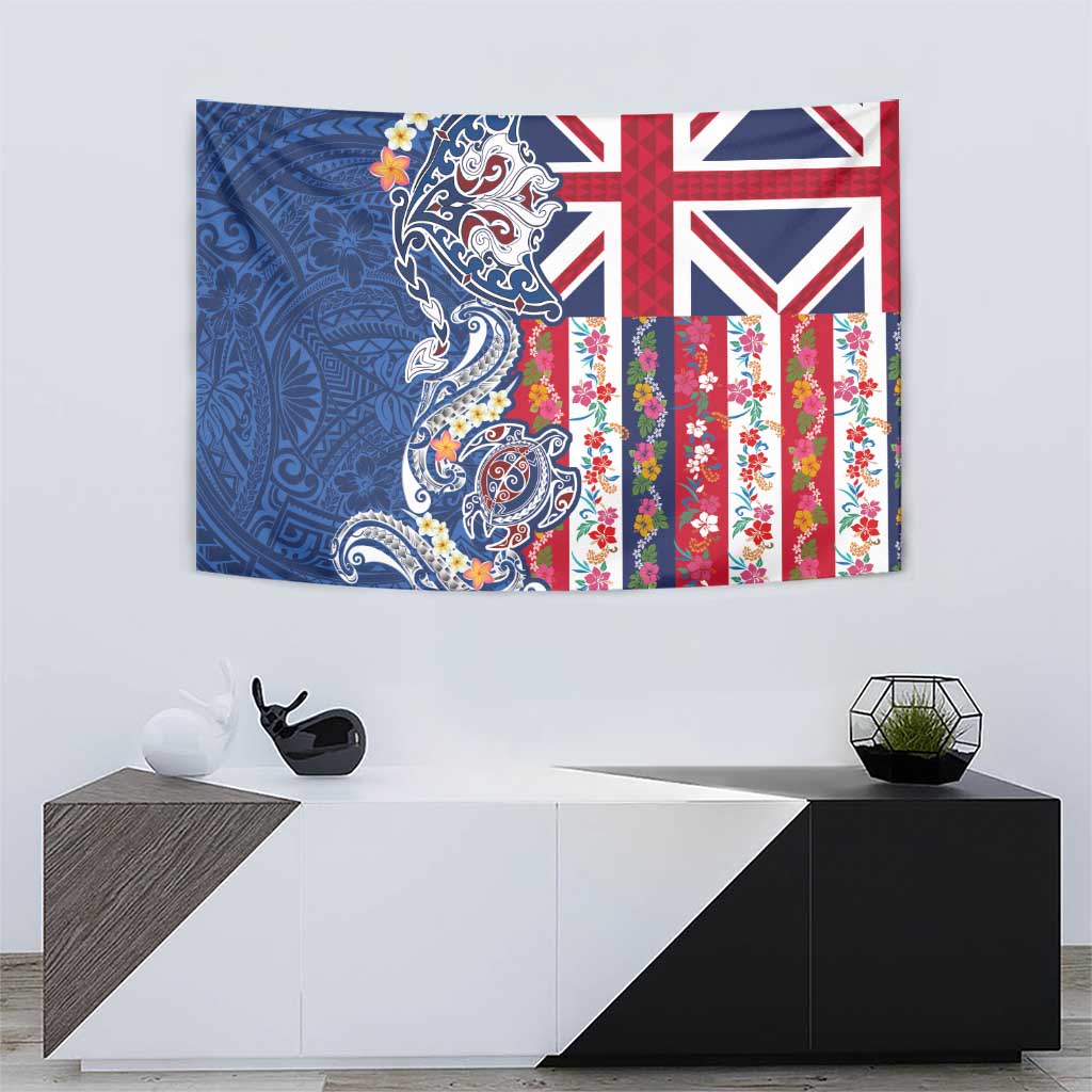 Hawaiian Manta Ray and Turtle Tribal Tattoo Tapestry With Hawaii Flag and Flowers LT03 - Polynesian Pride