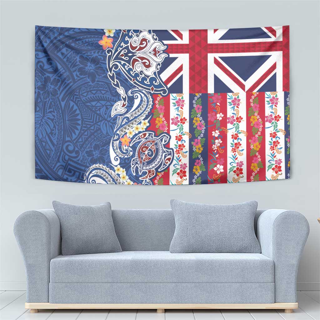 Hawaiian Manta Ray and Turtle Tribal Tattoo Tapestry With Hawaii Flag and Flowers LT03 - Polynesian Pride