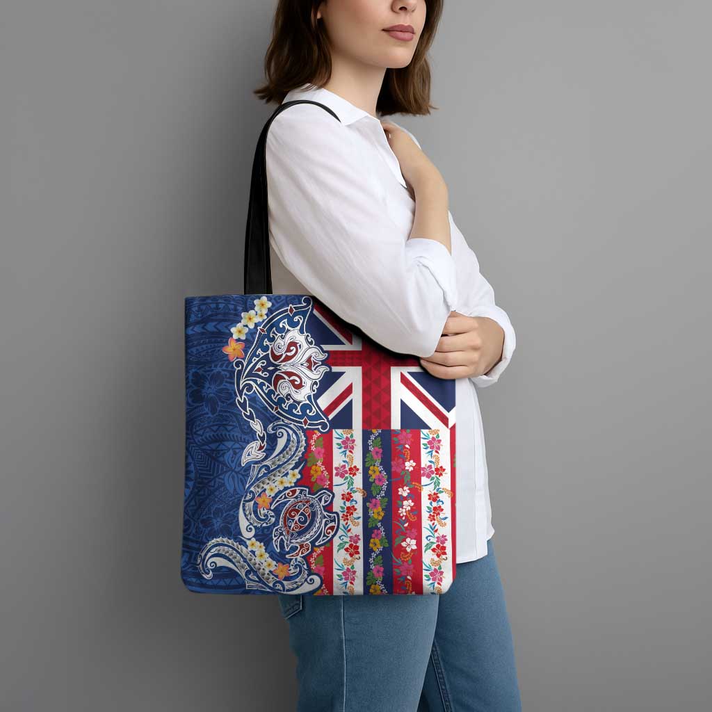 Hawaiian Manta Ray and Turtle Tribal Tattoo Tote Bag With Hawaii Flag and Flowers