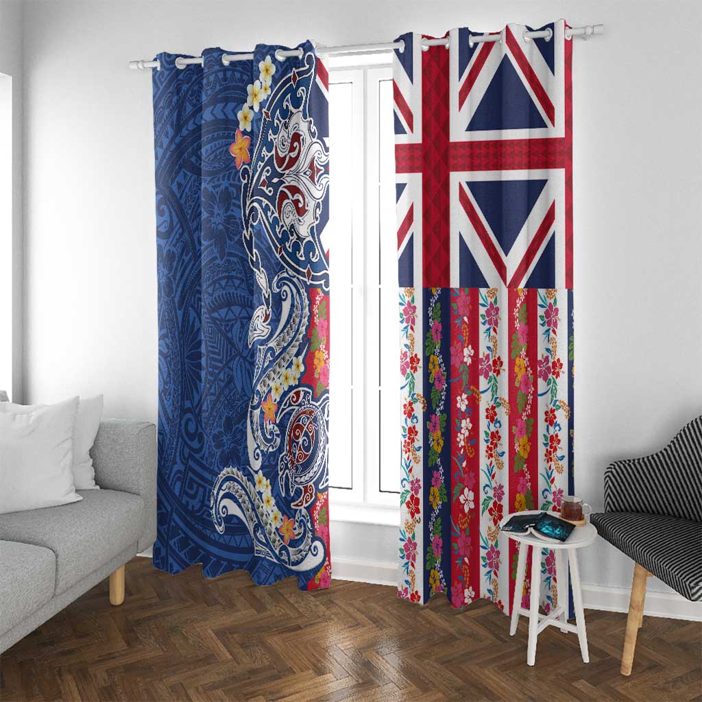 Hawaiian Manta Ray and Turtle Tribal Tattoo Window Curtain With Hawaii Flag and Flowers LT03 With Grommets Multicolor - Polynesian Pride