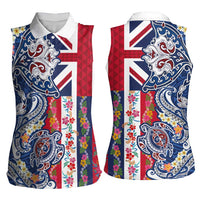 Hawaiian Manta Ray and Turtle Tribal Tattoo Women Sleeveless Polo Shirt With Hawaii Flag and Flowers