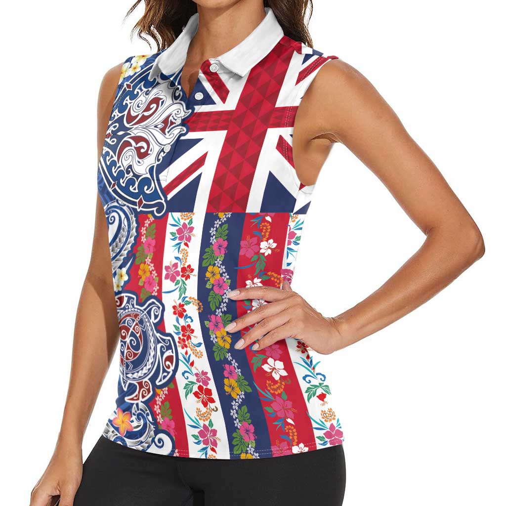 Hawaiian Manta Ray and Turtle Tribal Tattoo Women Sleeveless Polo Shirt With Hawaii Flag and Flowers