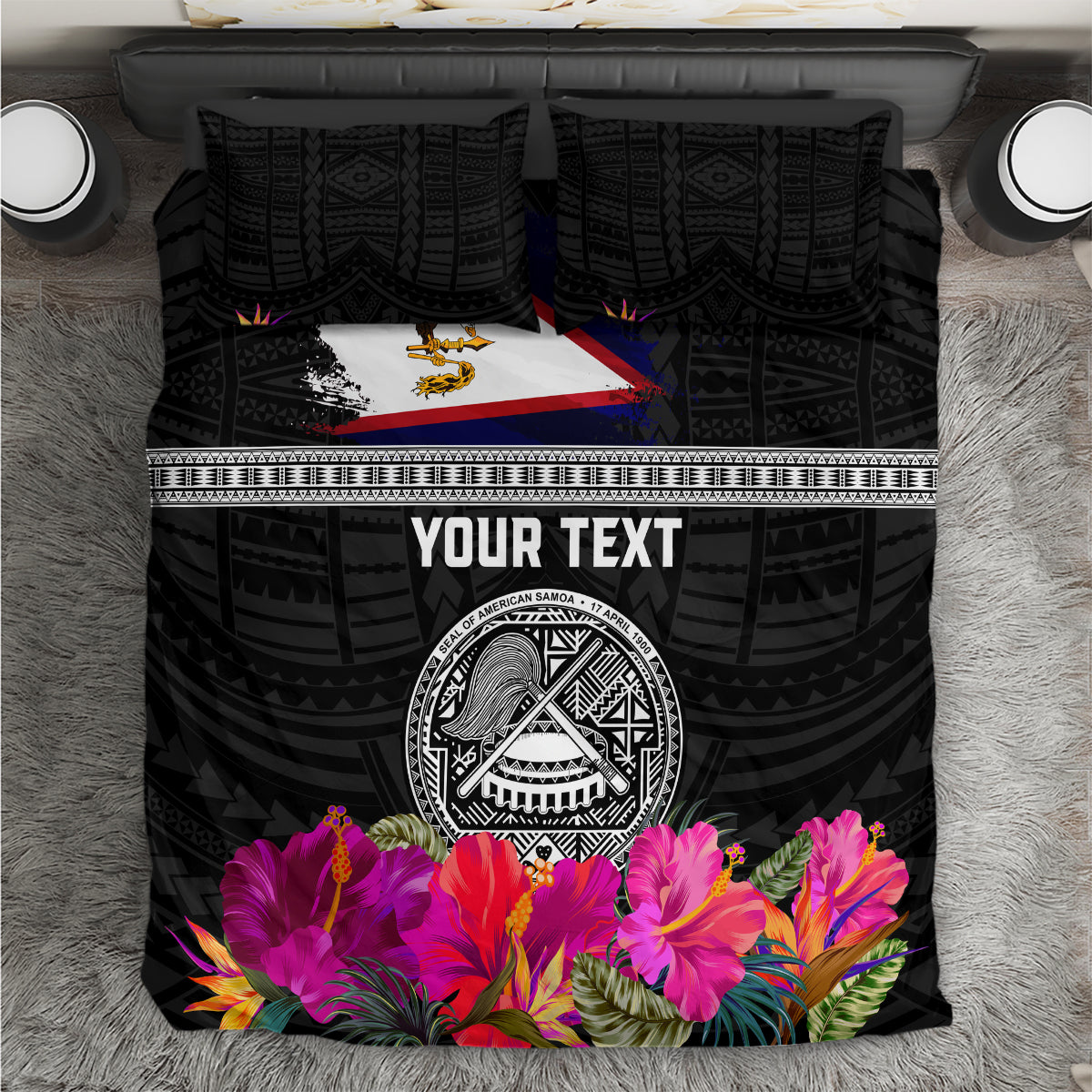 Personalized American Samoa Flag Day Bedding Set Tanoa and Fue mix Hibiscus Flower Polynesian Pattern LT03 Black - Polynesian Pride