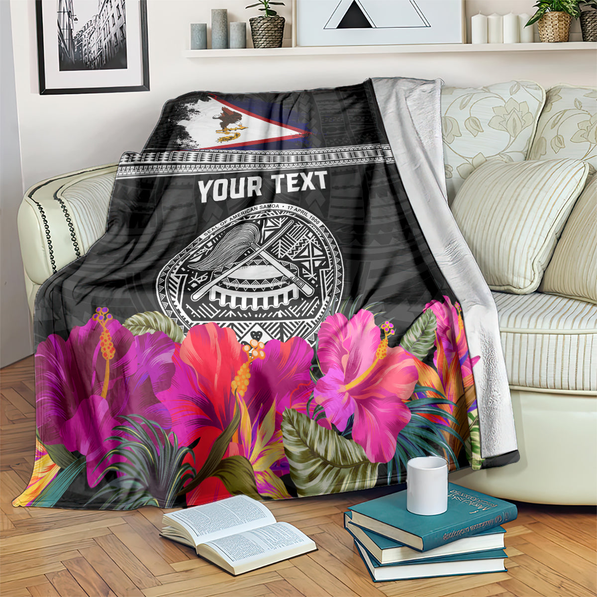 Personalized American Samoa Flag Day Blanket Tanoa and Fue mix Hibiscus Flower Polynesian Pattern LT03 Black - Polynesian Pride
