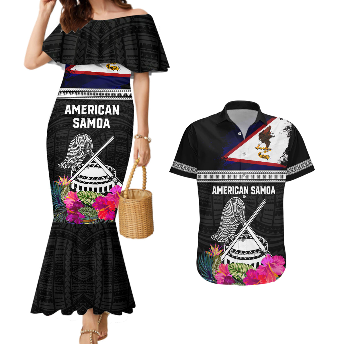 Personalized American Samoa Flag Day Couples Matching Mermaid Dress and Hawaiian Shirt Tanoa and Fue mix Hibiscus Flower Polynesian Pattern