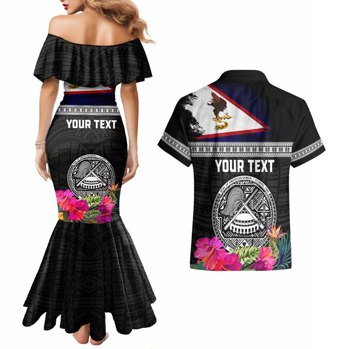 Personalized American Samoa Flag Day Couples Matching Mermaid Dress and Hawaiian Shirt Tanoa and Fue mix Hibiscus Flower Polynesian Pattern