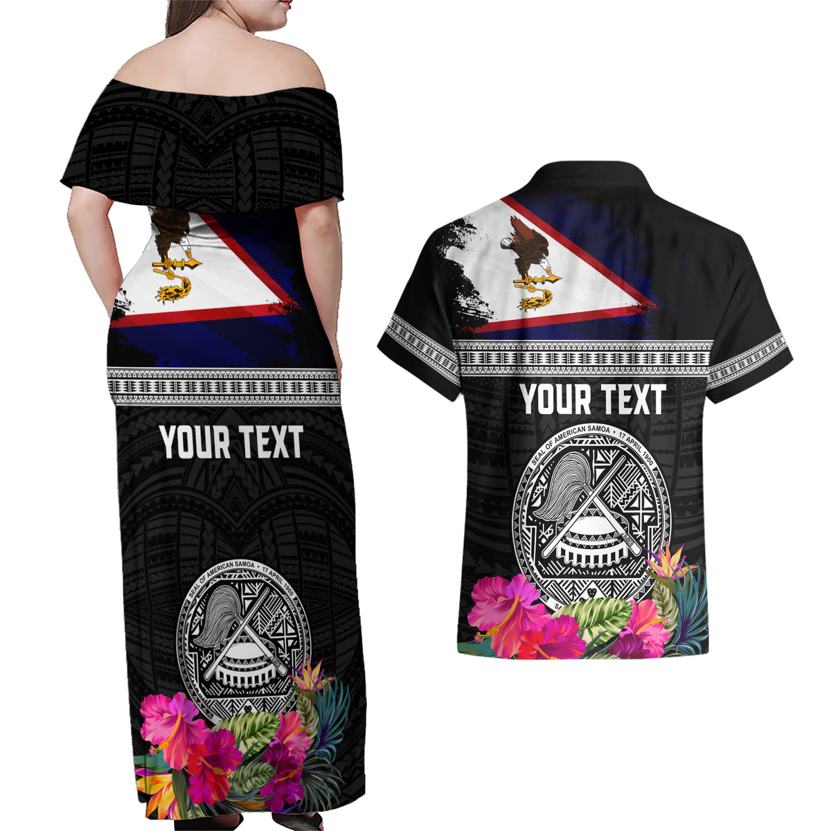 Personalized American Samoa Flag Day Couples Matching Off Shoulder Maxi Dress and Hawaiian Shirt Tanoa and Fue mix Hibiscus Flower Polynesian Pattern