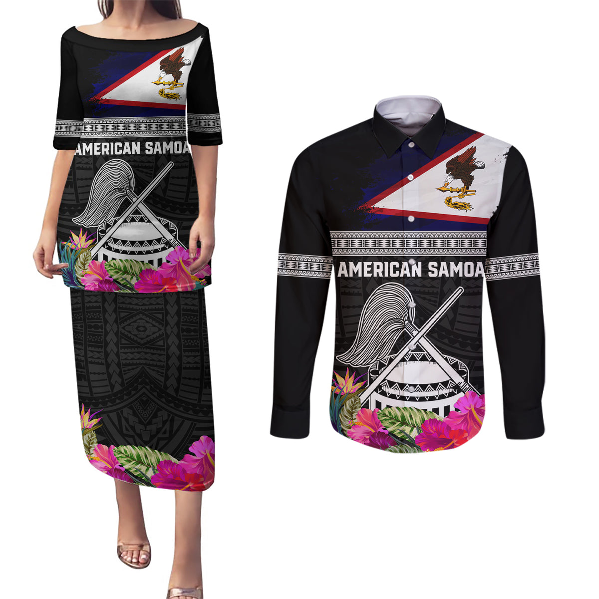 Personalized American Samoa Flag Day Couples Matching Puletasi and Long Sleeve Button Shirt Tanoa and Fue mix Hibiscus Flower Polynesian Pattern LT03 Black - Polynesian Pride