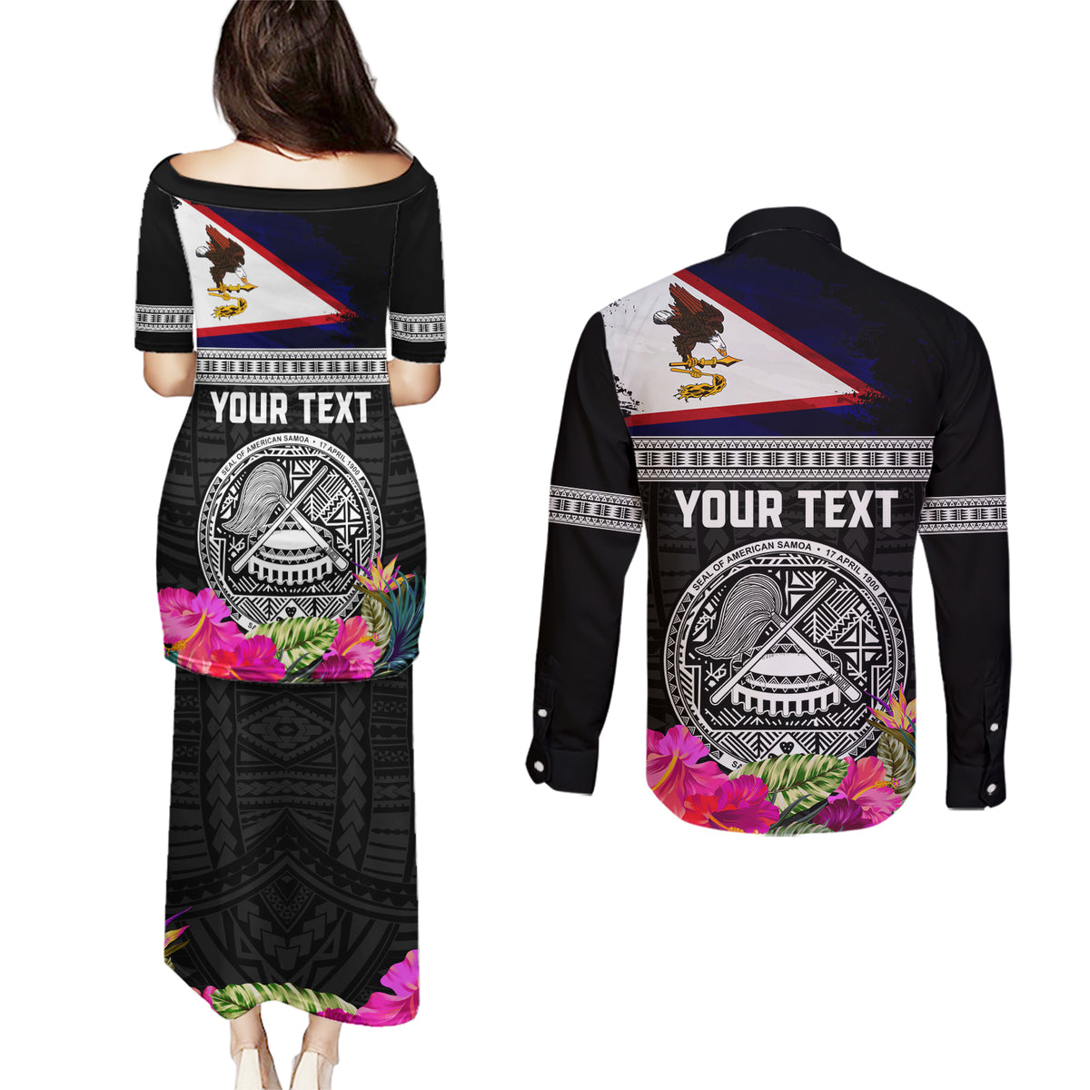 Personalized American Samoa Flag Day Couples Matching Puletasi and Long Sleeve Button Shirt Tanoa and Fue mix Hibiscus Flower Polynesian Pattern LT03 - Polynesian Pride