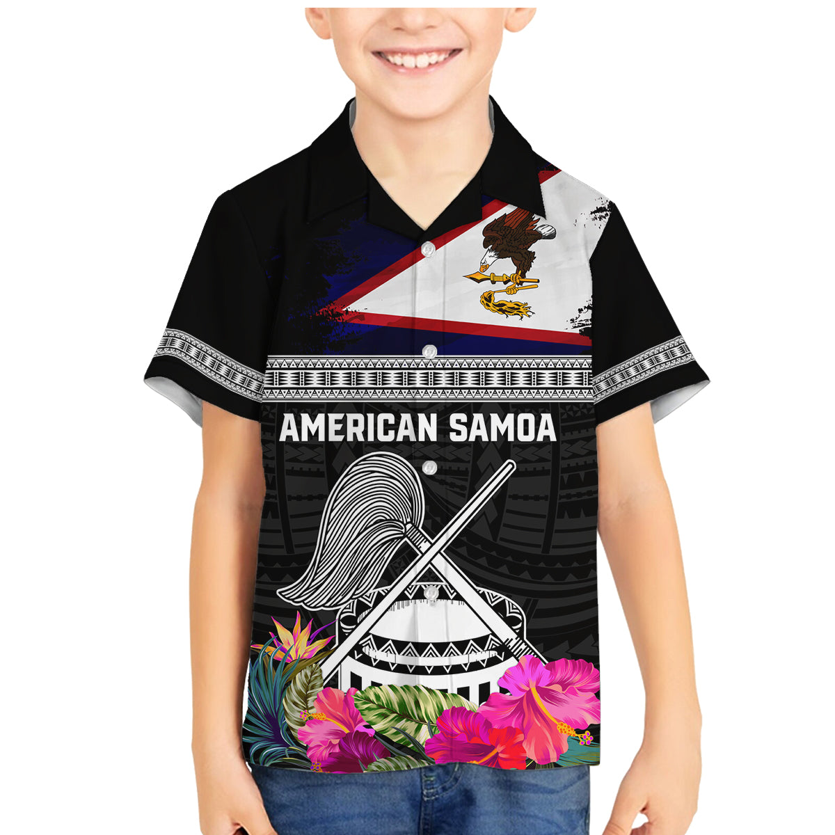 Personalized American Samoa Flag Day Family Matching Mermaid Dress and Hawaiian Shirt Tanoa and Fue mix Hibiscus Flower Polynesian Pattern