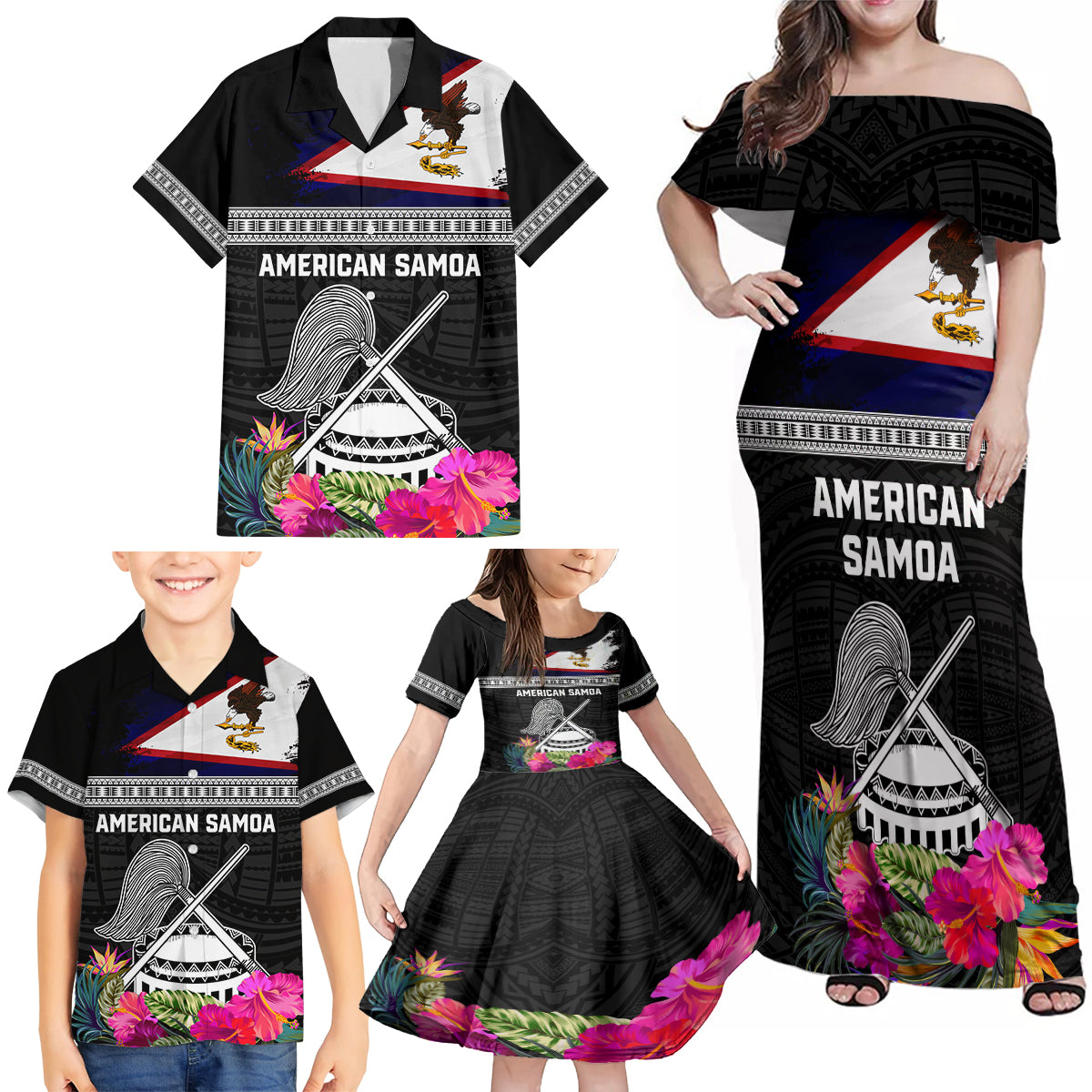 Personalized American Samoa Flag Day Family Matching Off Shoulder Maxi Dress and Hawaiian Shirt Tanoa and Fue mix Hibiscus Flower Polynesian Pattern