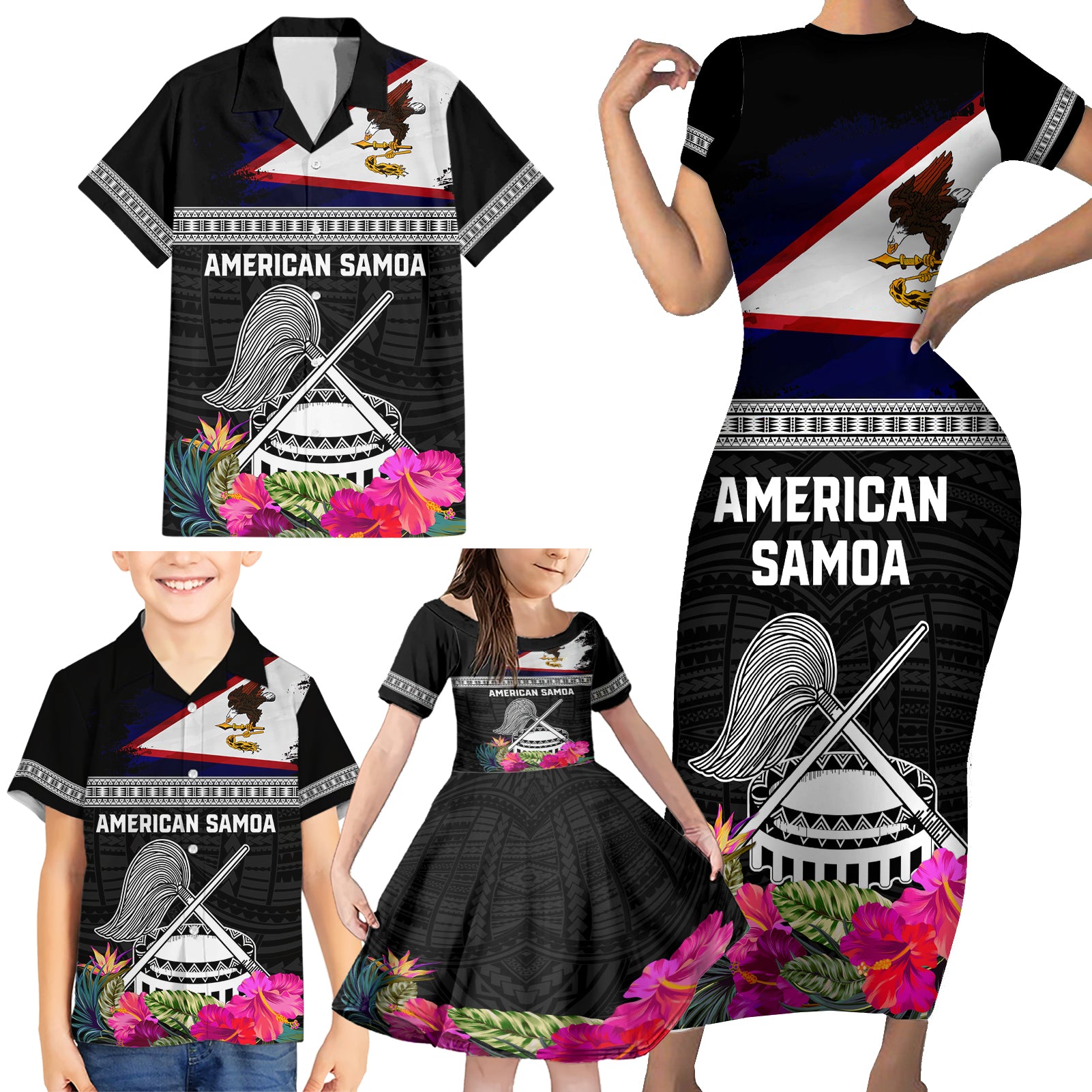 Personalized American Samoa Flag Day Family Matching Short Sleeve Bodycon Dress and Hawaiian Shirt Tanoa and Fue mix Hibiscus Flower Polynesian Pattern