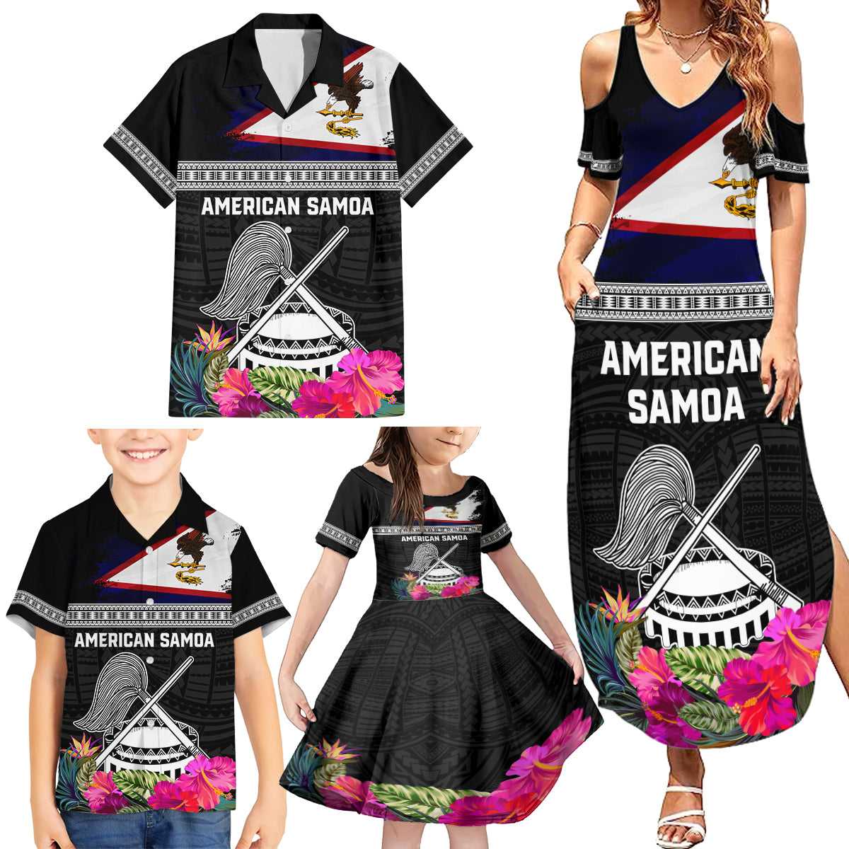 Personalized American Samoa Flag Day Family Matching Summer Maxi Dress and Hawaiian Shirt Tanoa and Fue mix Hibiscus Flower Polynesian Pattern