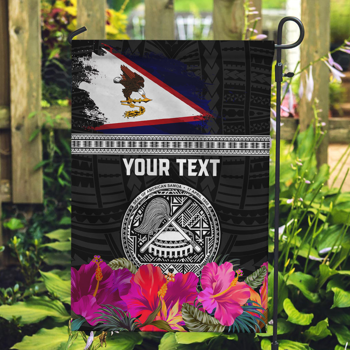 Personalized American Samoa Flag Day Garden Flag Tanoa and Fue mix Hibiscus Flower Polynesian Pattern LT03 Garden Flag Black - Polynesian Pride